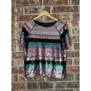 Sanctuary Over the Rainbow All Over Sequin Short Sleeve Shirt L Going Out Glam